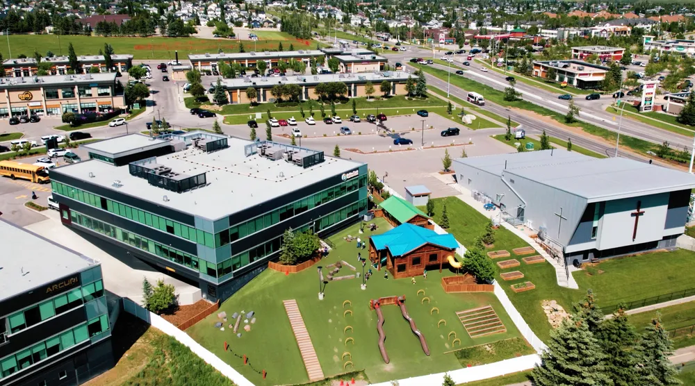 Aerial view of an Active Start Child Care center and its playground