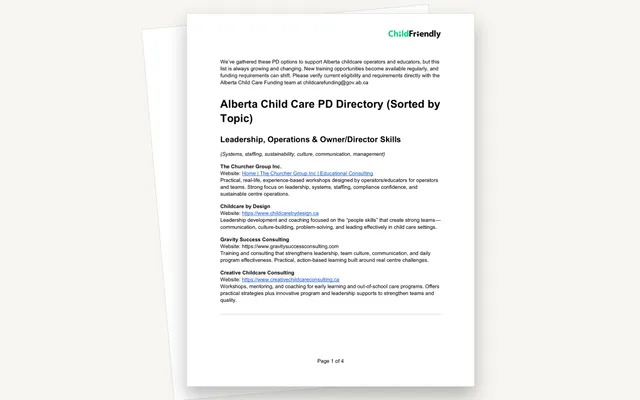Preview of the Alberta Child Care PD Directory (Sorted by Topic)