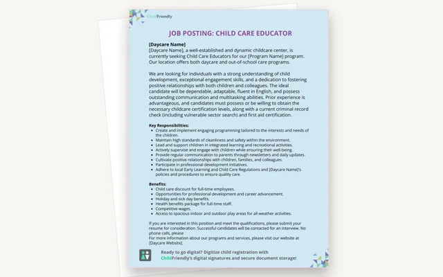 Preview of the Child Care Educator Job Posting Template