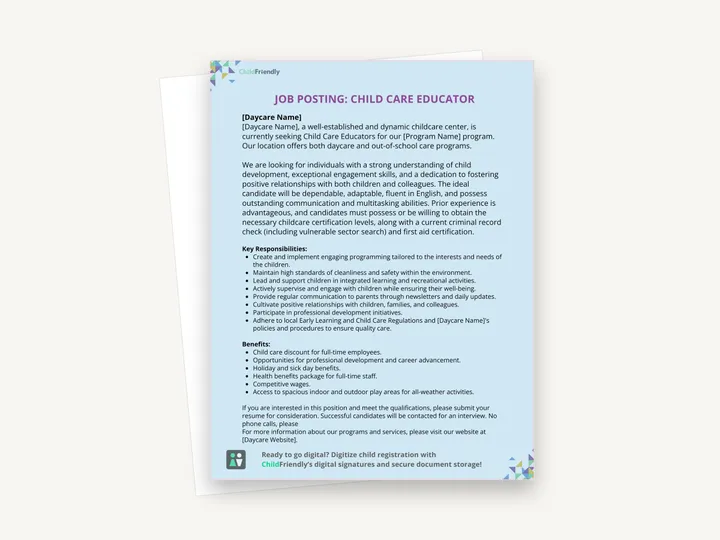 Preview of the Child Care Educator Job Posting Template
