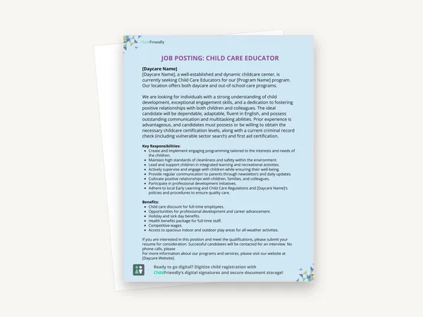 Preview of the Child Care Educator Job Posting Template