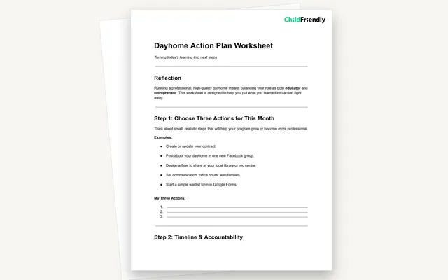 Preview of the Dayhome Action Plan Worksheet