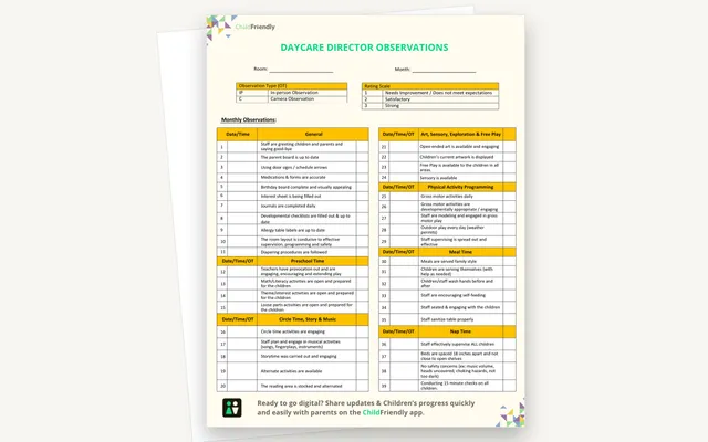 Preview of the Daycare Director Observation Form