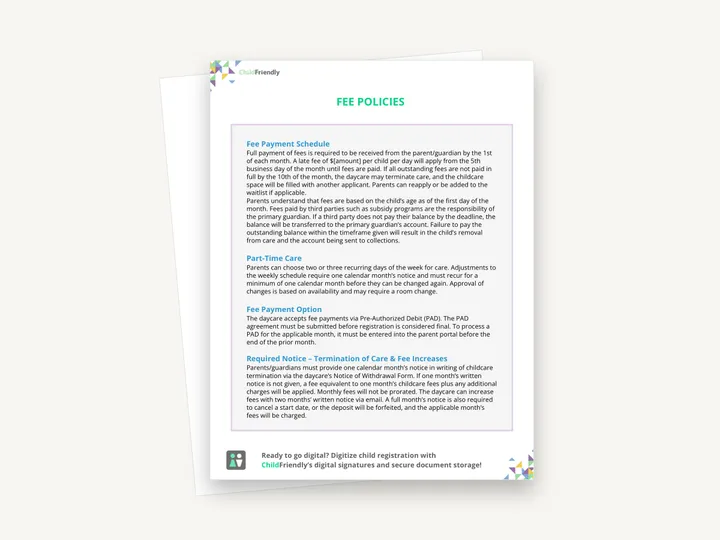 Preview of the Fee Policies Template
