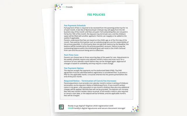 Preview of the Fee Policies Template