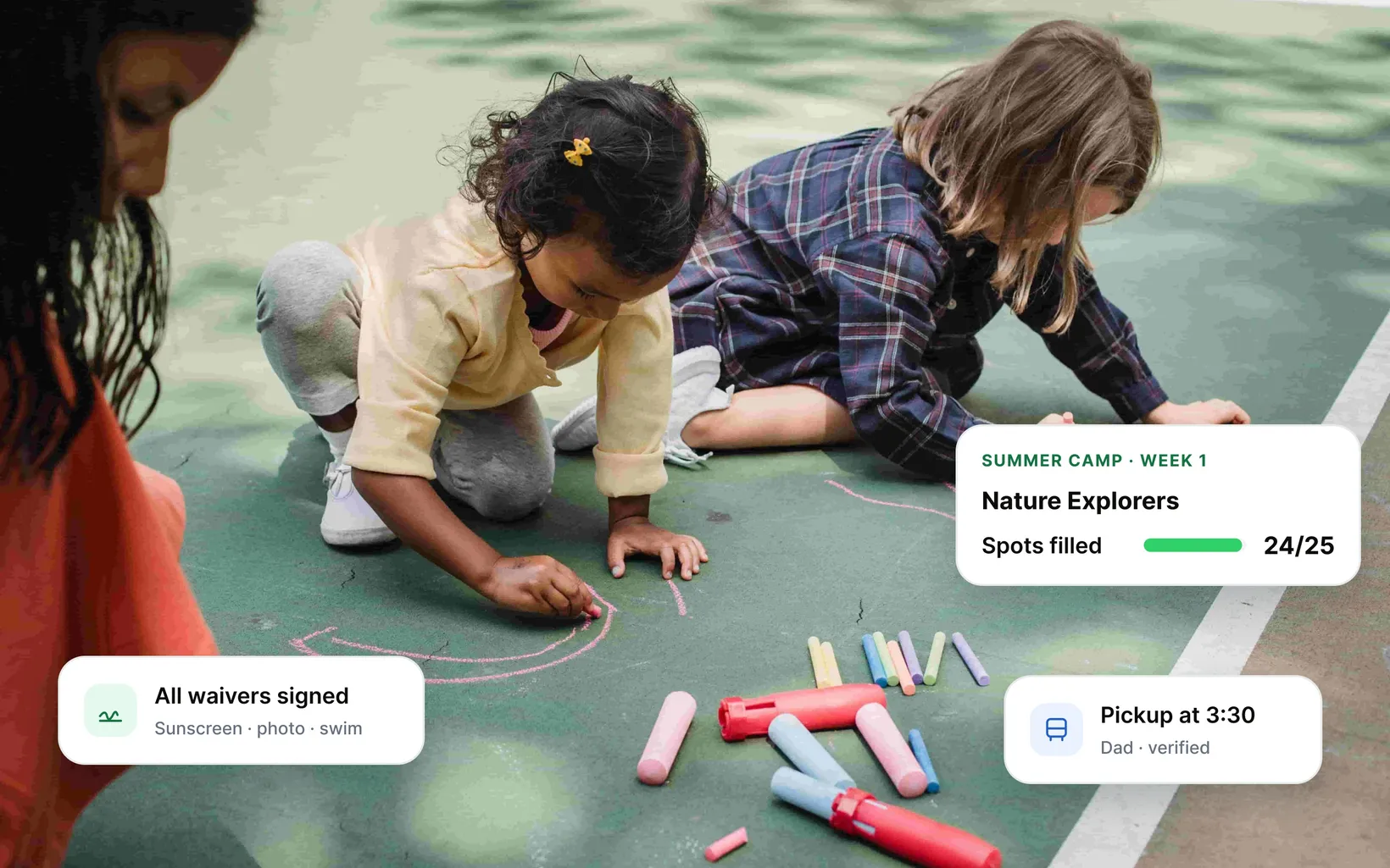 Children drawing with sidewalk chalk outdoors, with app cards for a summer camp week filling up, signed waivers and a verified pickup
