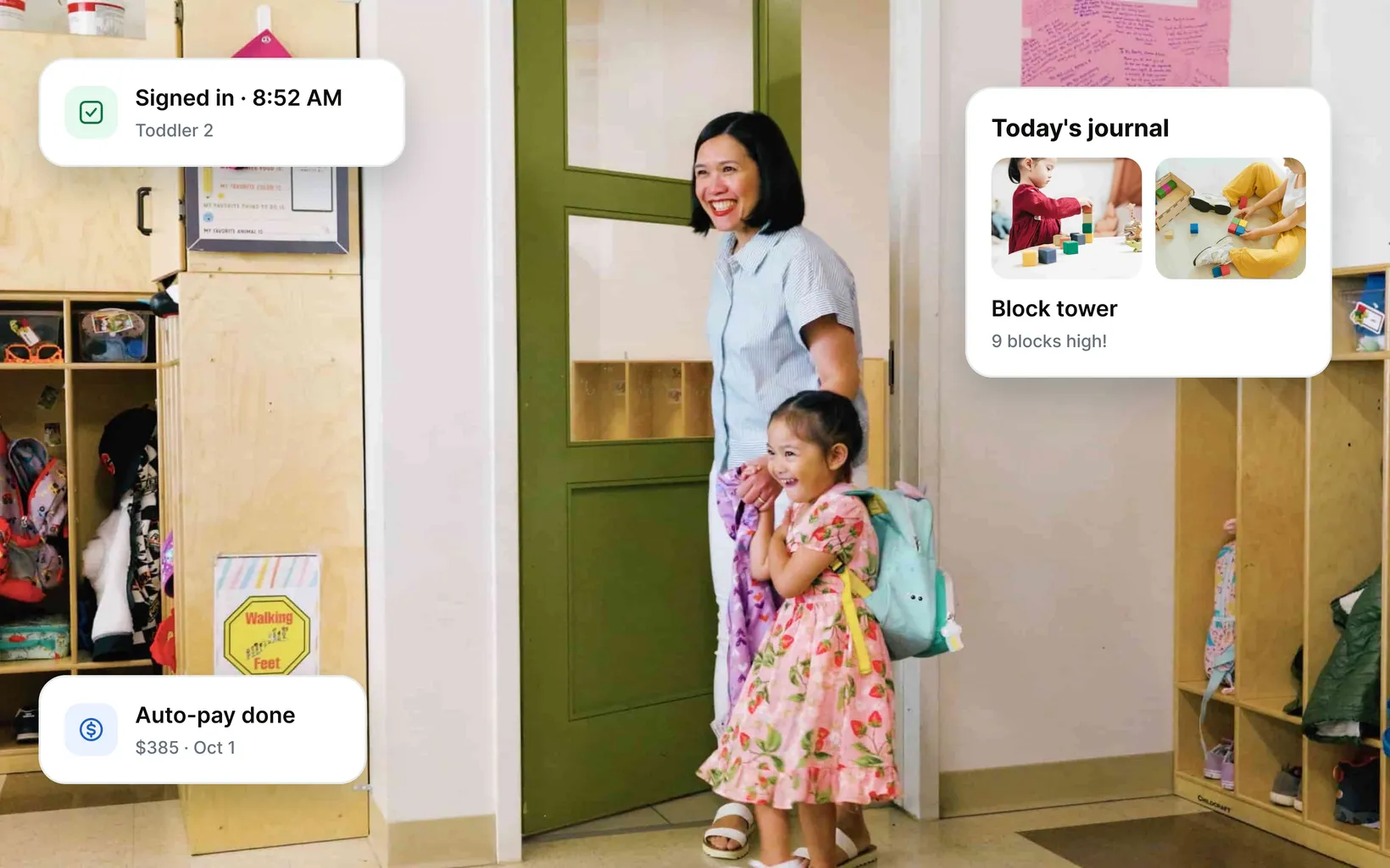 A parent and smiling daughter arriving at a classroom door, with app cards for sign-in, today’s journal photos of a block tower and an auto-pay receipt