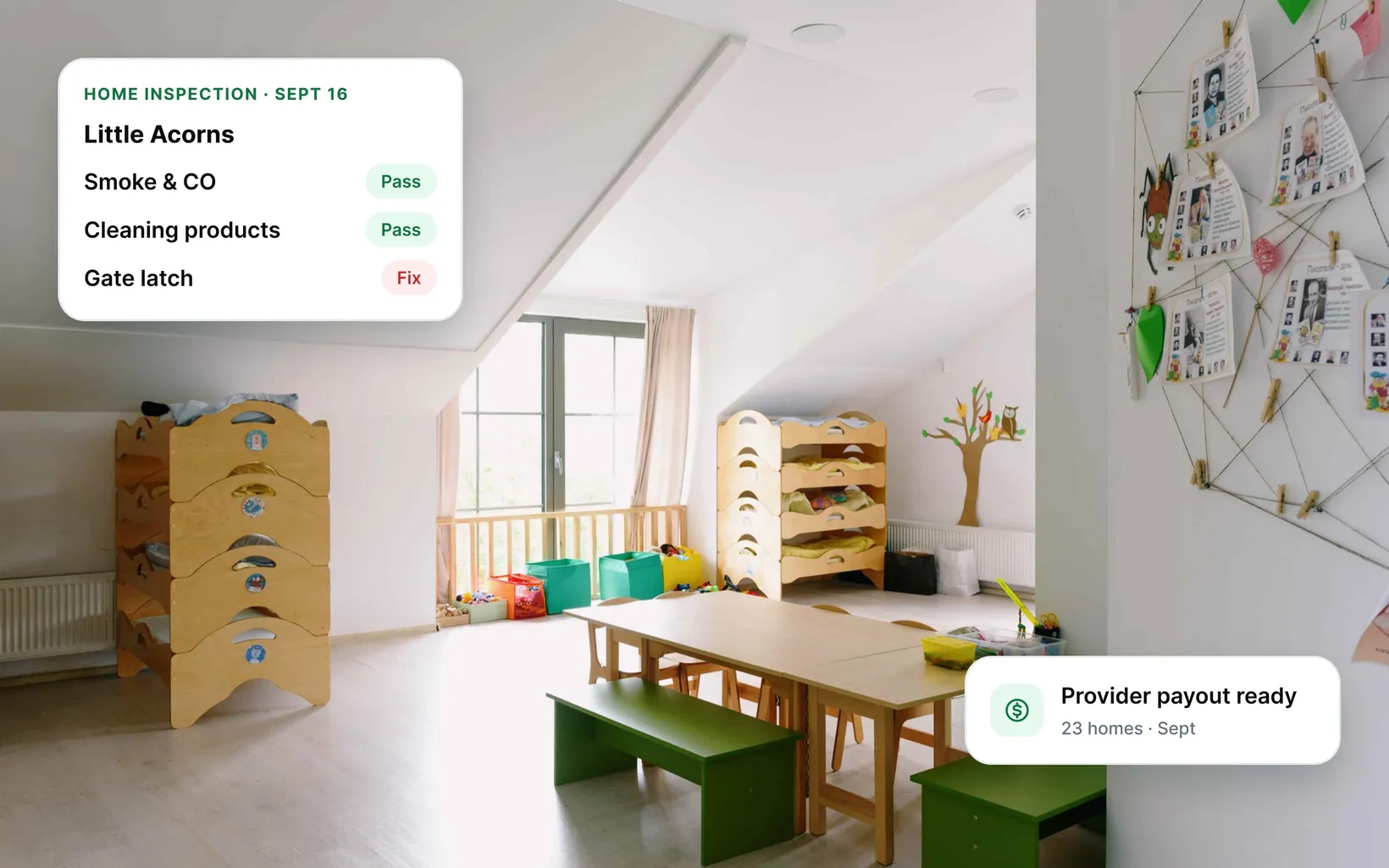 A bright home playroom with nap cots, with app cards for a home inspection checklist and provider payouts ready