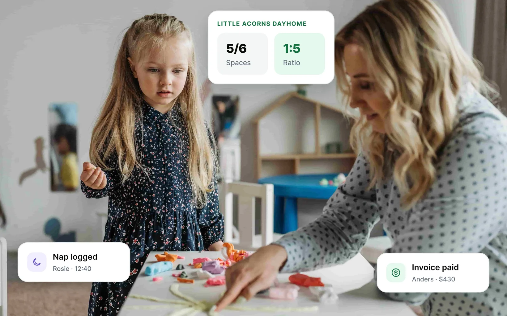 A caregiver and a young girl playing with playdough in a home playroom, with app cards for dayhome spaces and ratio, a nap log and a paid invoice