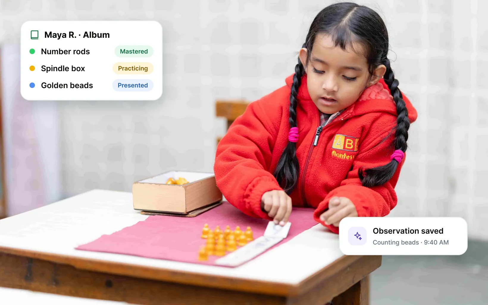 A girl in a red hoodie working with Montessori counting beads, with app cards showing her album progress and a newly saved observation