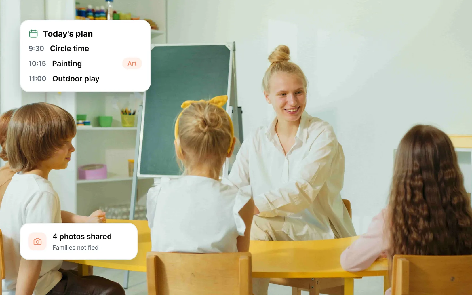 A teacher smiling with preschoolers at a yellow table, with app cards for the day’s lesson plan and photos shared with families