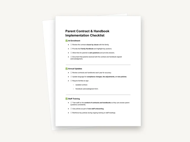 Preview of the Parent Contract & Handbook Implementation Checklist
