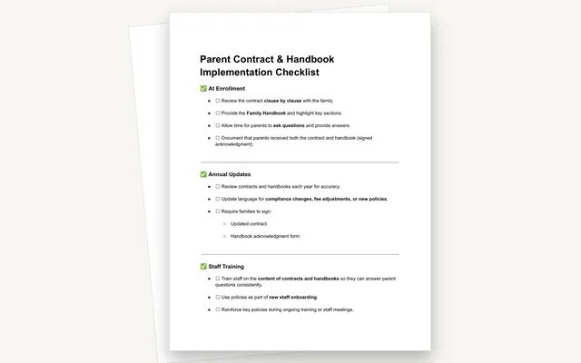Preview of the Parent Contract & Handbook Implementation Checklist
